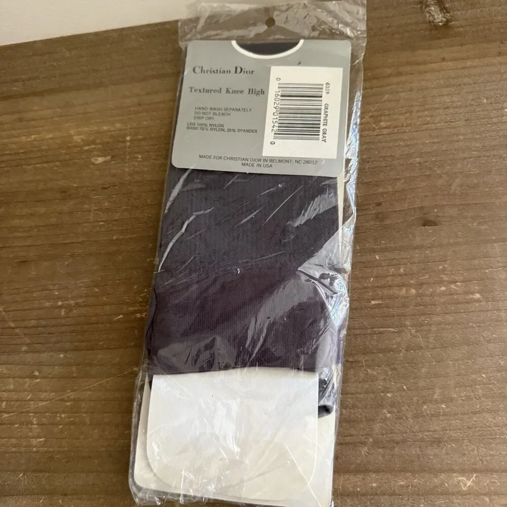 Vtg 80s Christian Dior Nylon Knee High Striped Sandalfoot Gray 8.5-11 New